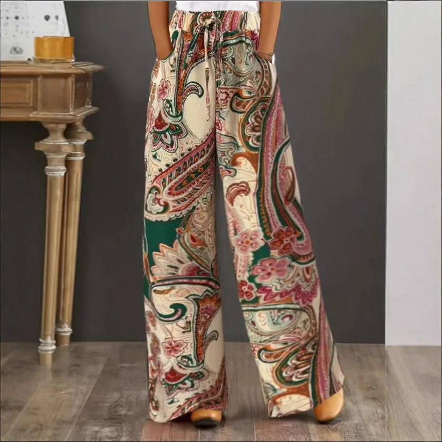 Fashionable Print Wide Leg Pants Women's Elastic Waist Fake Drawstring Comfortable Casual Trousers Autumn Season Polyester Fa...