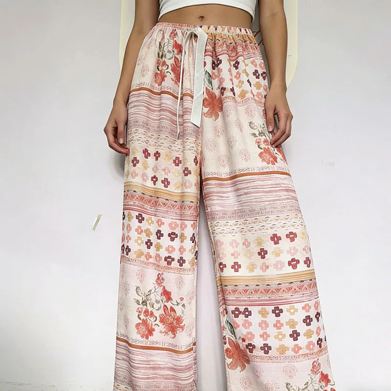 Printed Wide Leg Pants Women Summer Loose Casual Long Trousers Retro Artistic Style Quality Pants Comfortable Cotton Blend