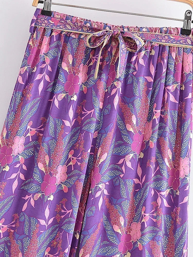 Boho Queens Autumn Women Purple Floral Print Bohemian Wide Leg Pants Lady Gothic Elastic Waist Loose Boho Pant Holiday Trousers