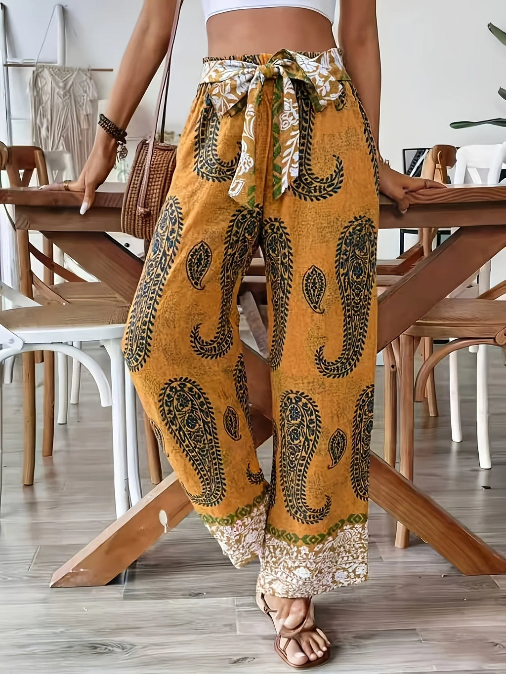 Mustard Yellow Paisley Wide Leg Pants, Tie Waist, Bohemian Style Vacation Casual Pants