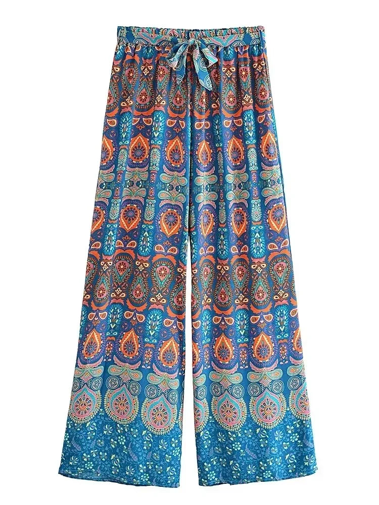 Boho Queens Women Red Floral Print Bohemian Wide Leg Pant Lady Gothic Elastic Waist Loose Rayon Long Boho Pants Casual Trousers