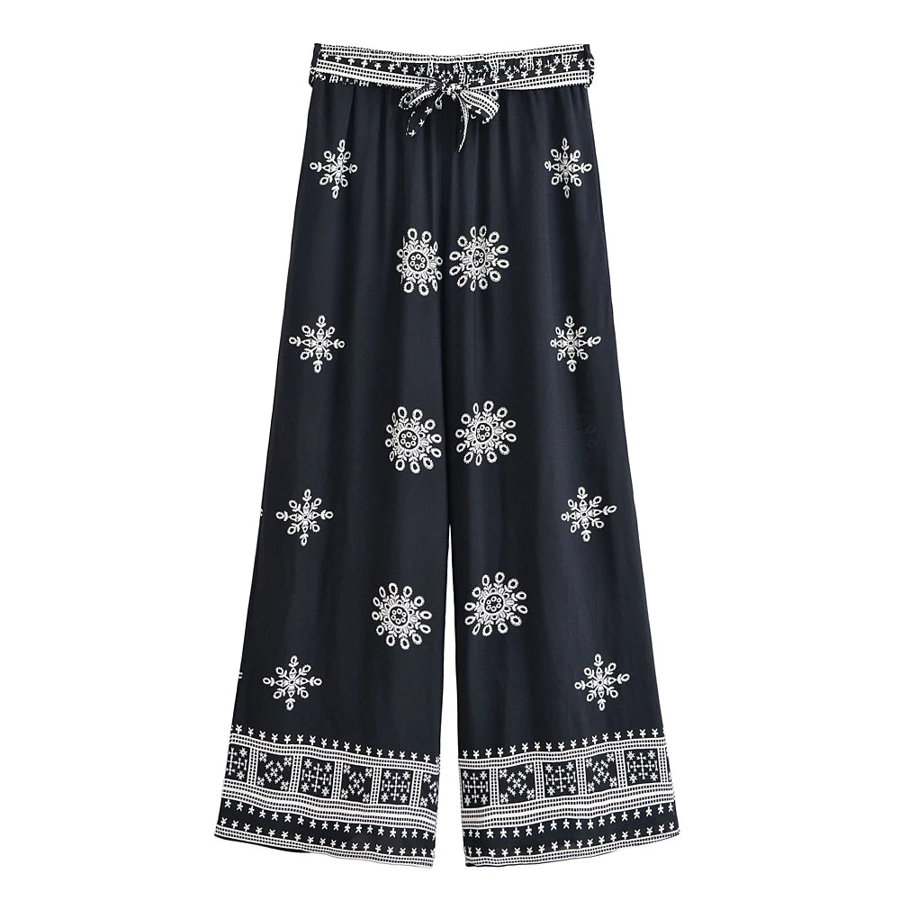 Boho Queens Women Floral Bohemian Wide Leg Holiday Pants with Pockets Lady Elastic Waist Loose Vacation Boho Pants Trousers