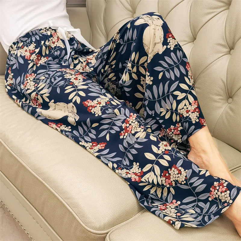 Loungewear Women Summer Pants Thin Bottoms Large Size Home Wear Pants Flower Print Loose Cute Trousers