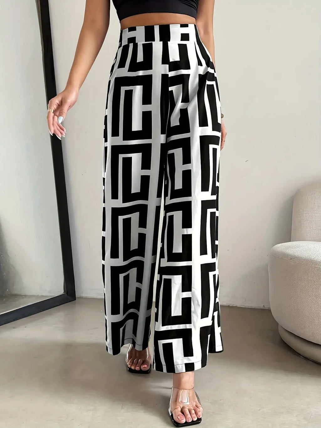 New chic wide leg pants elastic waist dual color geometric pattern printed loose fits wide leg pants