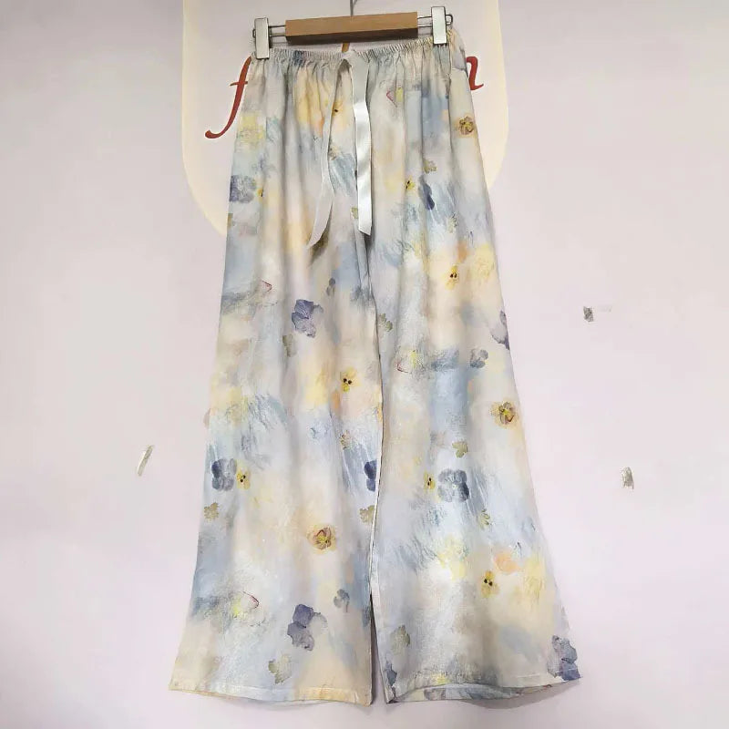 Printed Wide Leg Pants Women Summer Loose Casual Long Trousers Retro Artistic Style Quality Pants Comfortable Cotton Blend