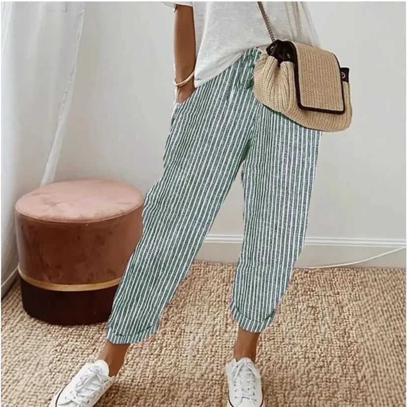Women's Summer New Loose Stripe Printed Elastic Waist Drawstring Casual Pants