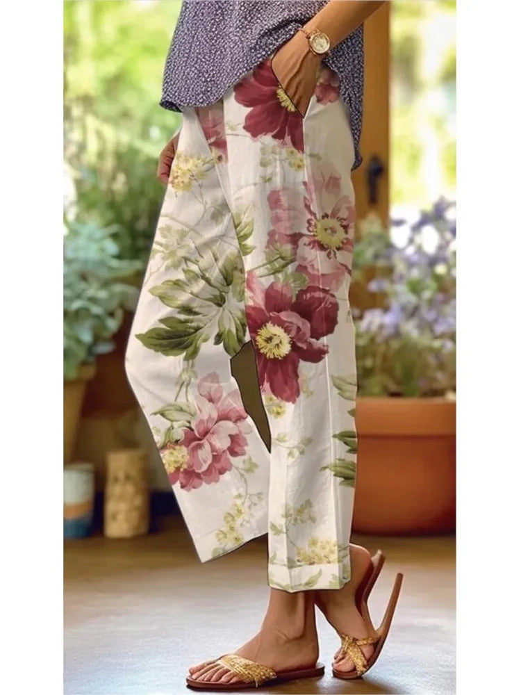Fashion Floral Print Pants Lady Casual Pockets Mid Waist Straight Ankle-Length Pants For Women Holiday Y2k Womens Clothing New