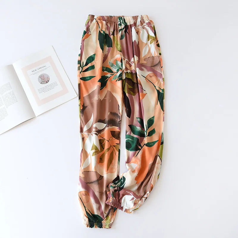 Spring and summer new women's trousers 100% viscose large flowers comfortable pajama pants loose closing home pants plus size