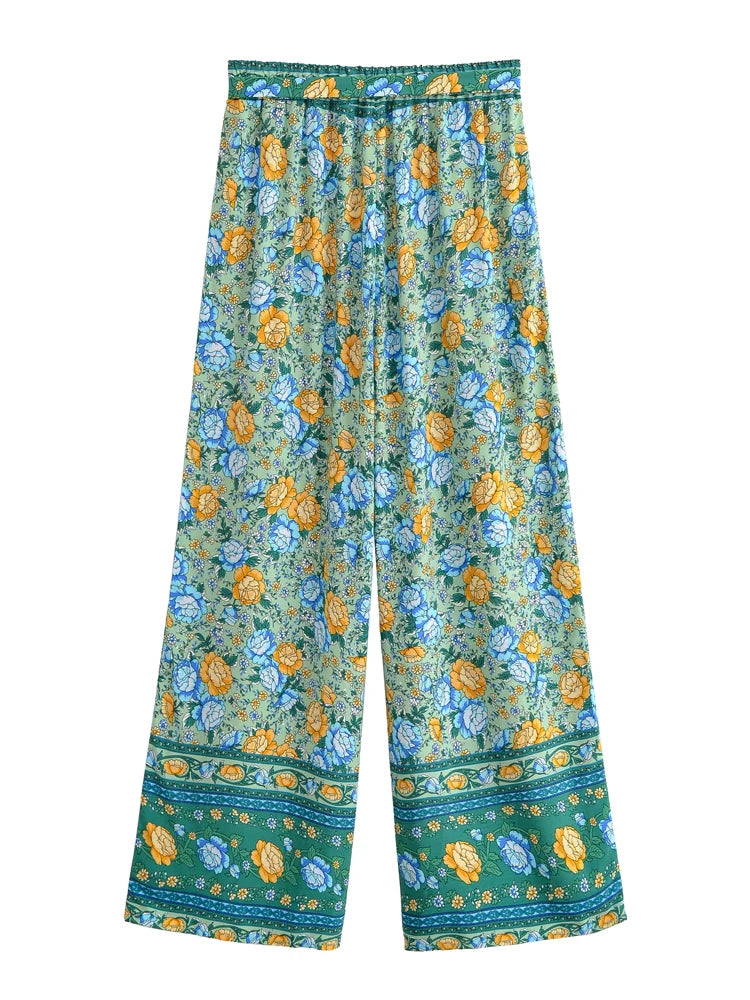 Happie Queens Women Floral Print Bohemian Wide Leg Pants Lady Elastic Waist Loose Rayon Boho Long Pants Beach Casual Trousers