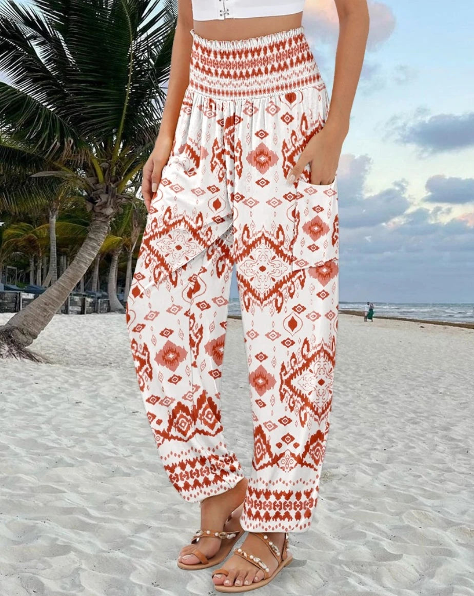 Women Boho High Waist Smocked Harem Pants With Floral And Geometric Print Side Pocket And Elastic Cuffs Perfect For Beach Vacati