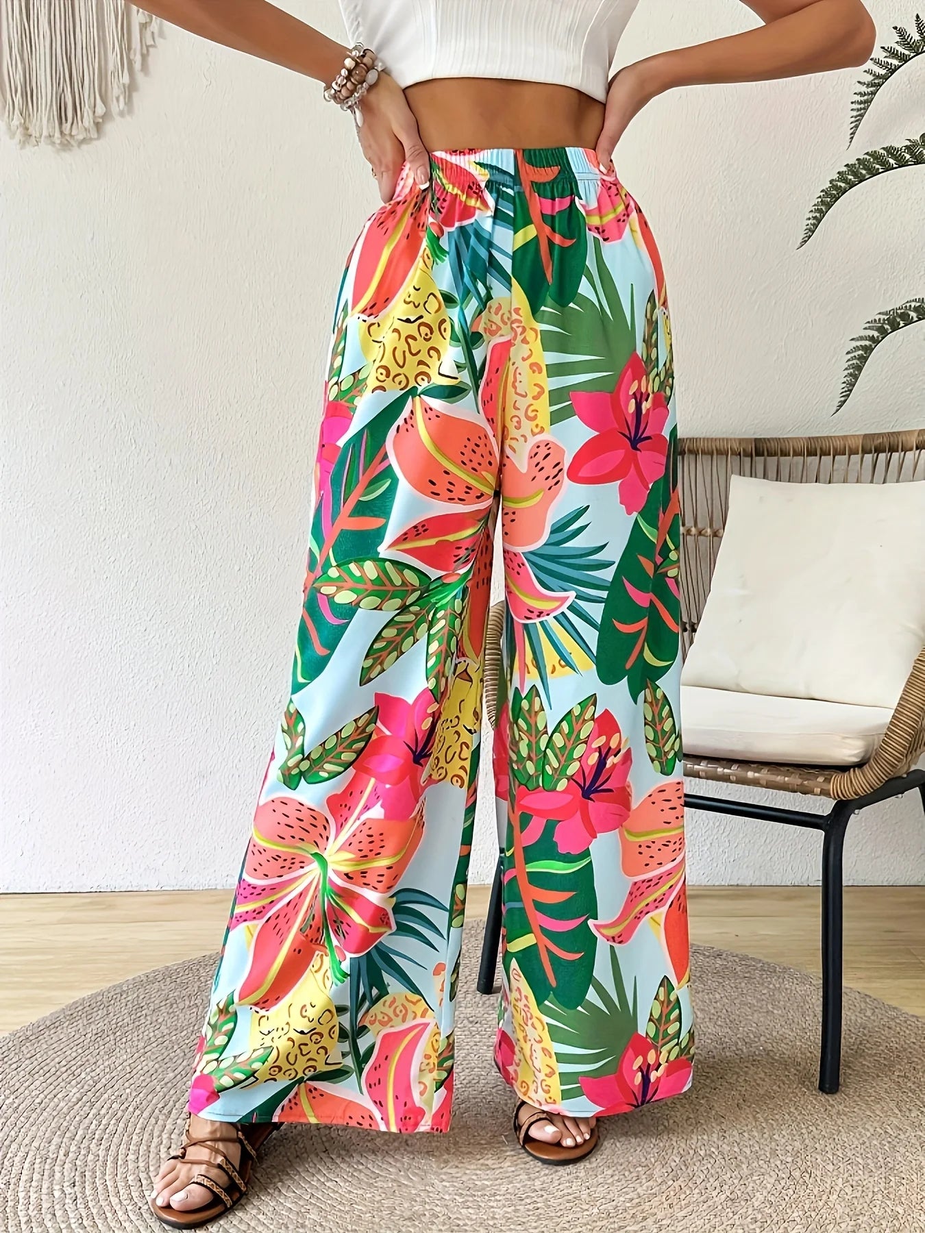 2026 women's vacation casual comfortable loose pants floral tropical elastic waist wide leg pants