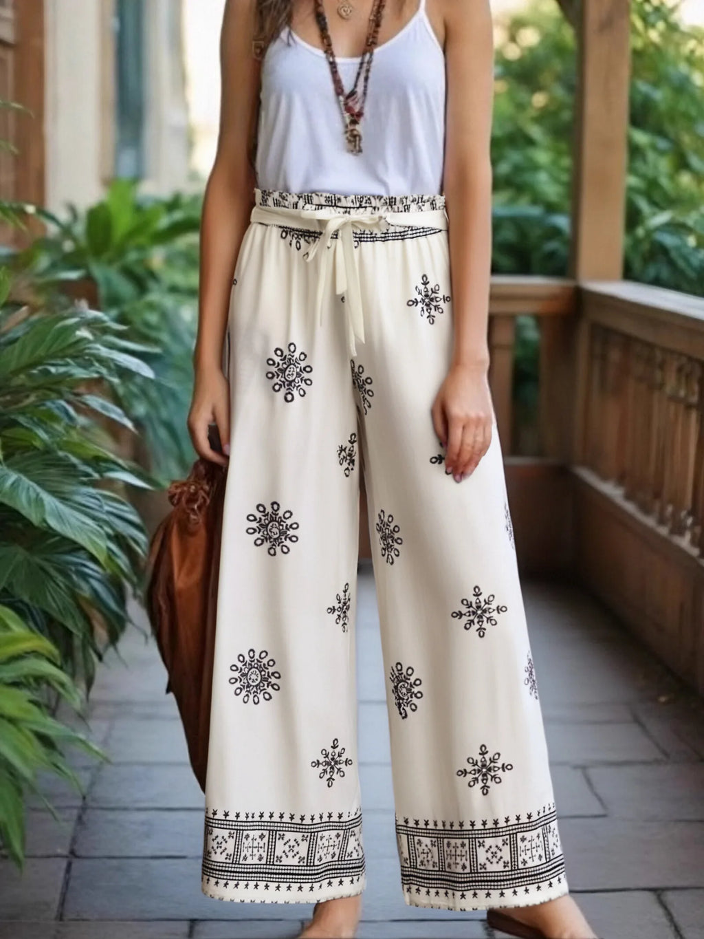 Vintage Chic Women Purple Floral Bohemian Wide Leg Pants with Pockets Lady Elastic Waist Loose Vacation Boho Pant Trousers