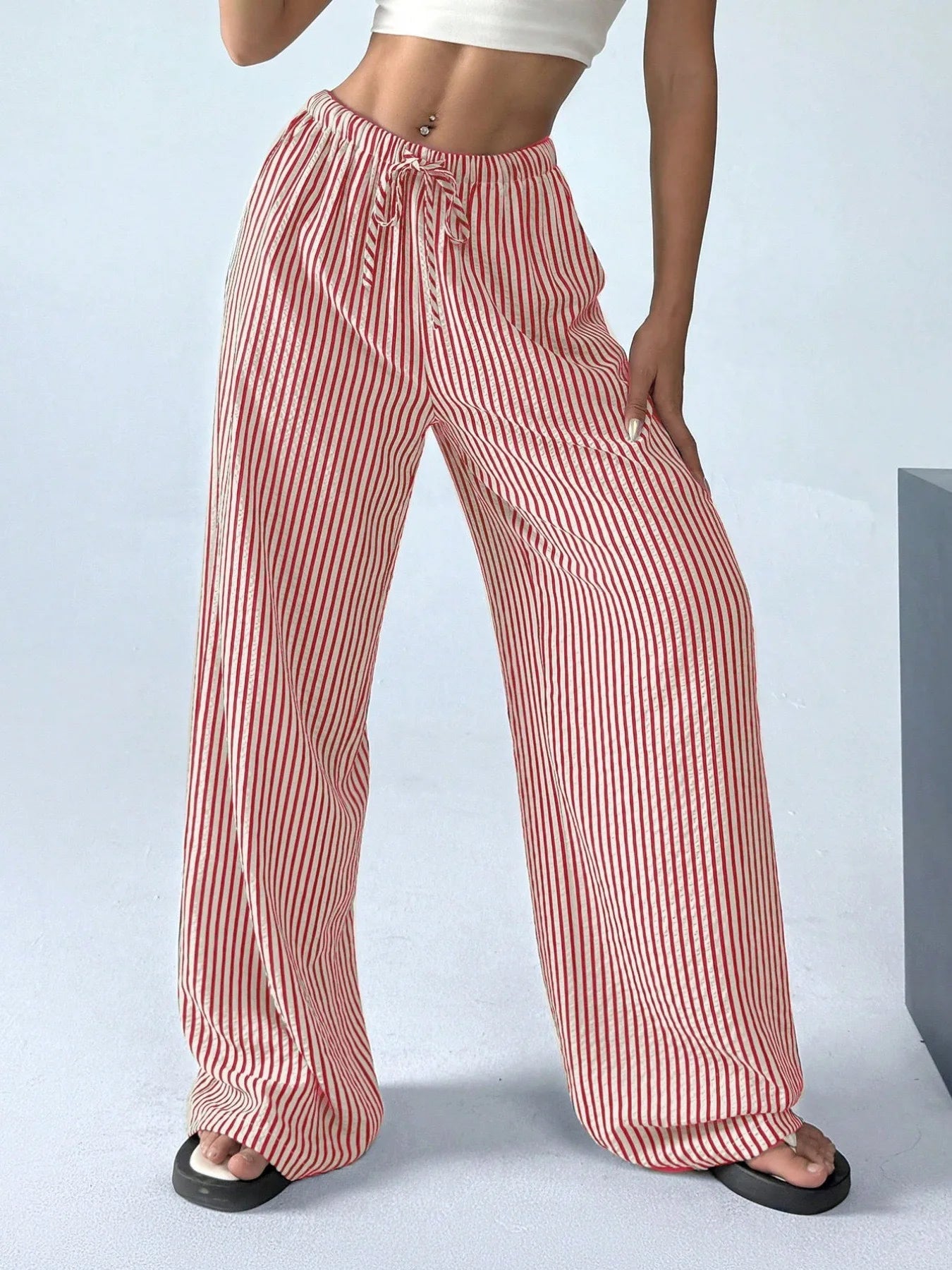 American Style Retro Vertical Stripe Drawstring Wide Leg Pants High Waist Dipping Loose Straight Casual Pants