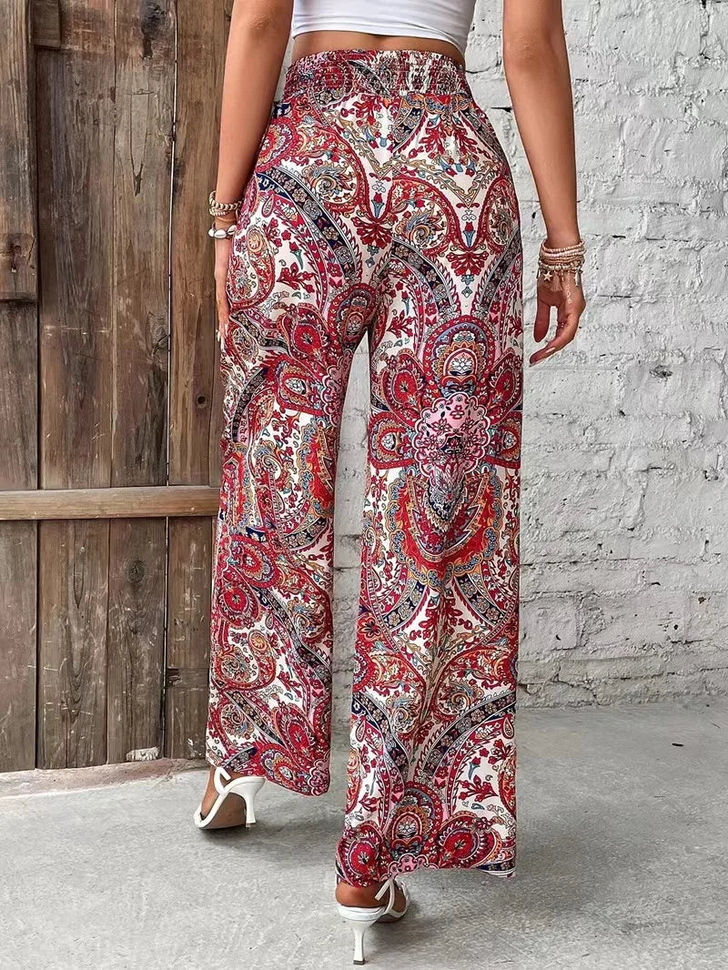Fashion Vintage Print Wide-leg Pants Women Casual High-waisted Trouser Spring Summer  Ladies Clothes Loungewear