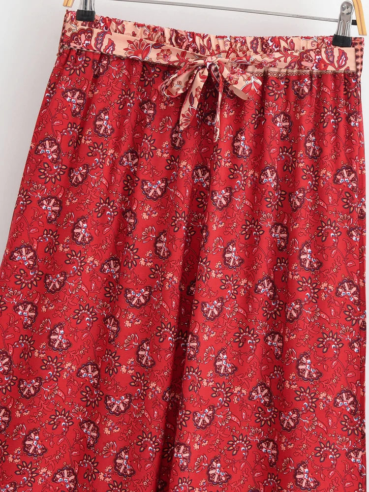 Vintage Chic Women Red Floral Bohemian Wide Leg Pants Lady Elastic Waist Loose Vacation Boho Long Pants Oversize Trousers