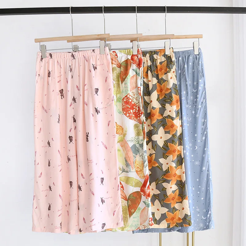 Summer new women's 100% viscose pajama pants cropped pants thin loose wide leg pants home pants pajama plus size cute shorts