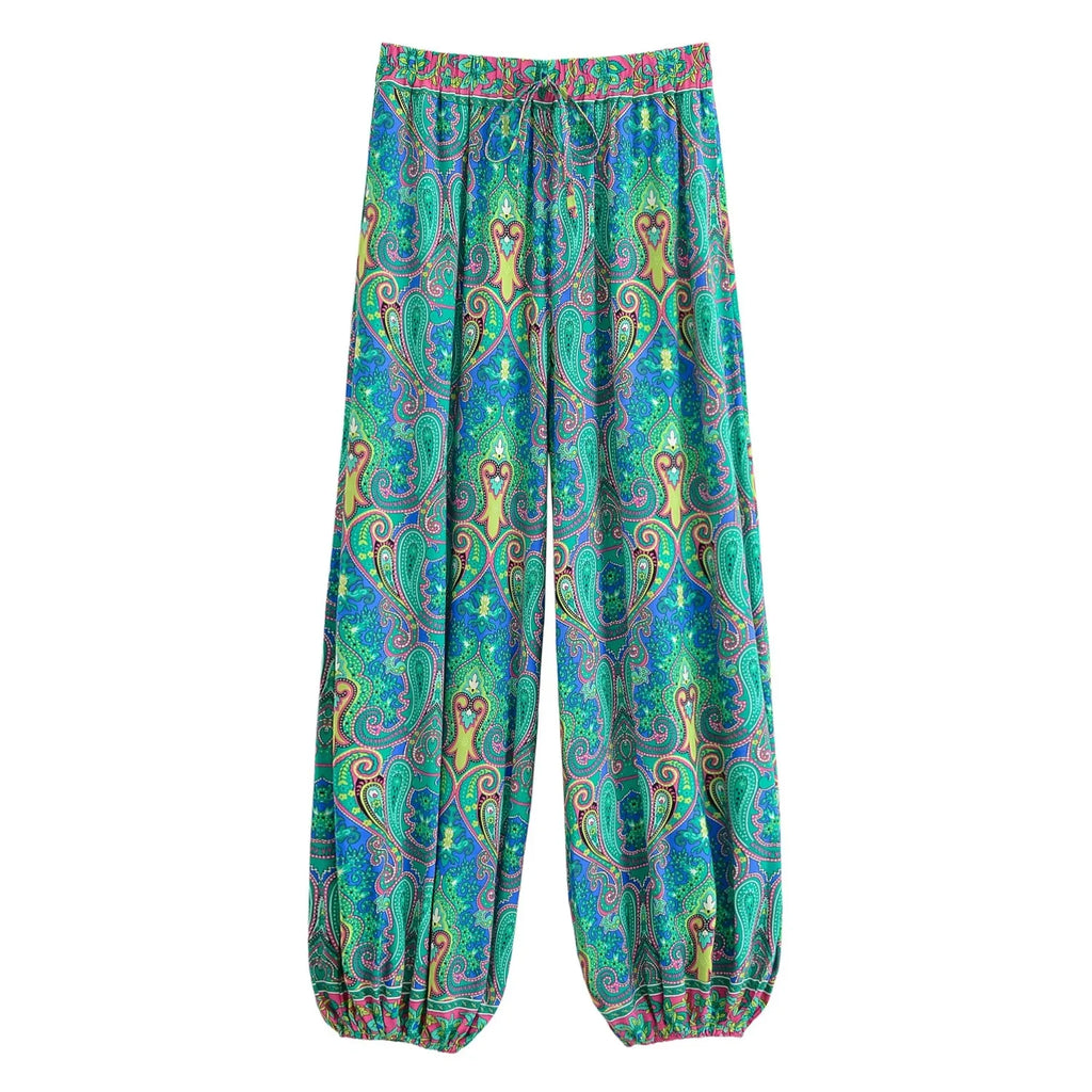 Vintage Chic 2025 Autumn Fashion Green Floral Print Baggy Pants Women Bloomers Casual Mid Waist Side Pockets Loose Yoga Trousers