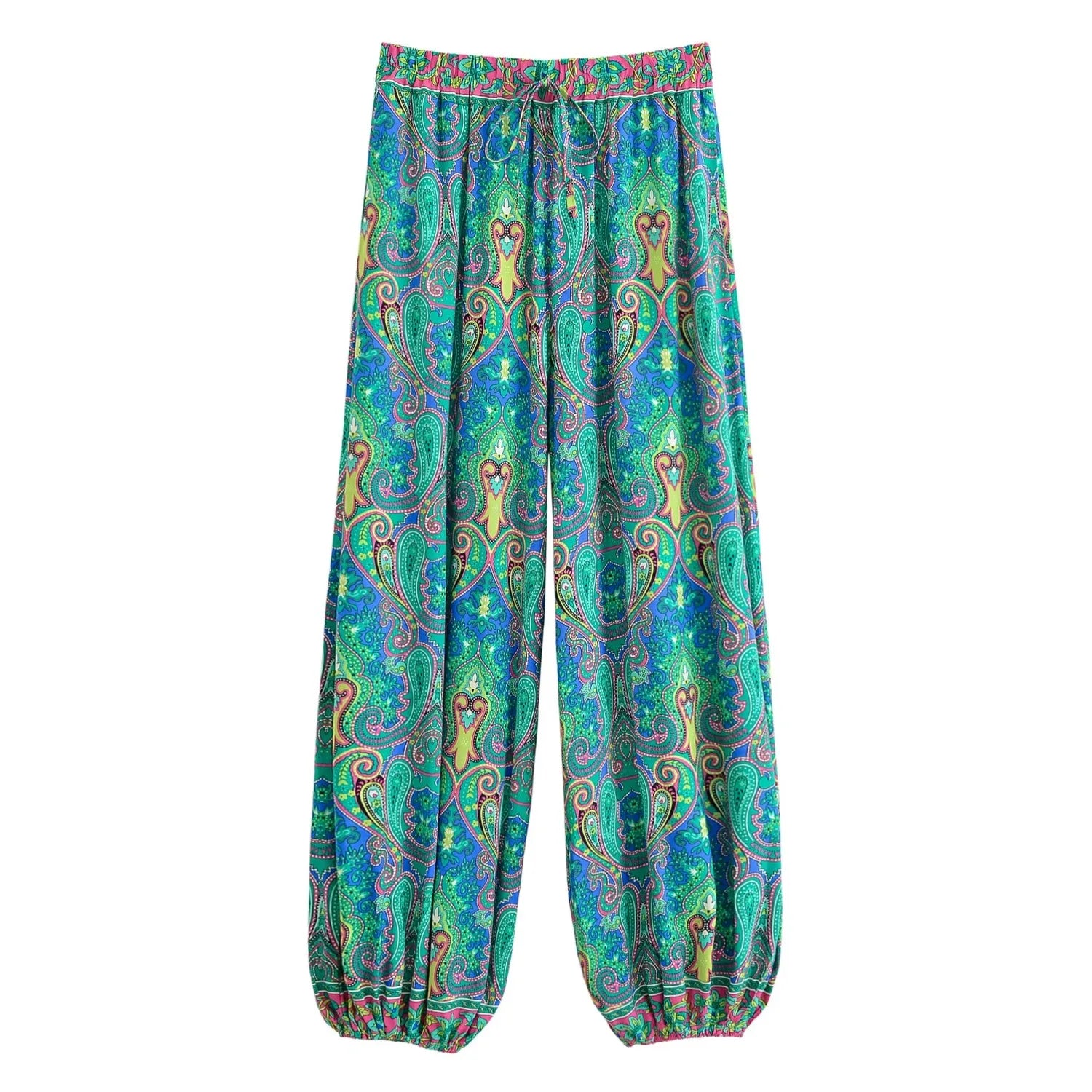 Vintage Chic 2025 Autumn Fashion Green Floral Print Baggy Pants Women Bloomers Casual Mid Waist Side Pockets Loose Yoga Trousers