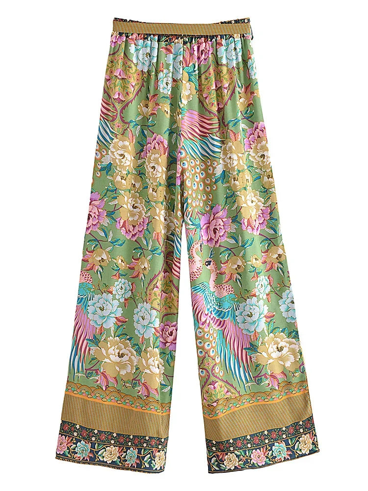 Women Peacock Floral Print Bohemian Wide Leg Pants Lady Elastic Waist Loose Rayon Boho Long Pant  Oversize Trousers
