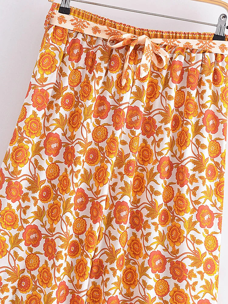 Happie Queens Women Floral Print Bohemian Wide Leg Pants Lady Elastic Waist Loose Rayon Boho Long Pants Beach Casual Trousers