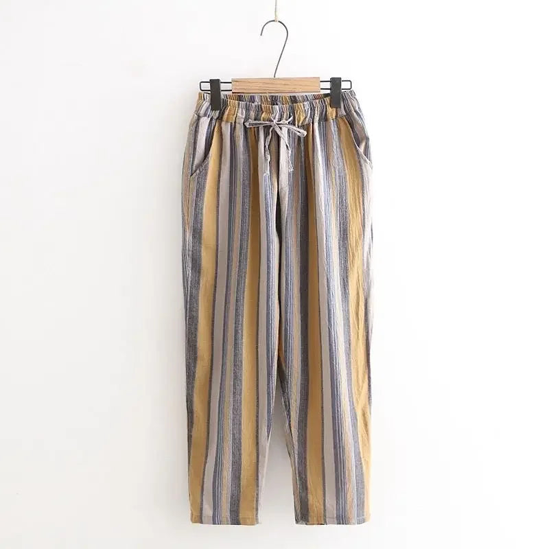 Striped Vintage Elastic High Waist Lace Up Cotton Linen Women's Pants Korean Fashion Wide Leg Ankle-Length Pants For Women 2025