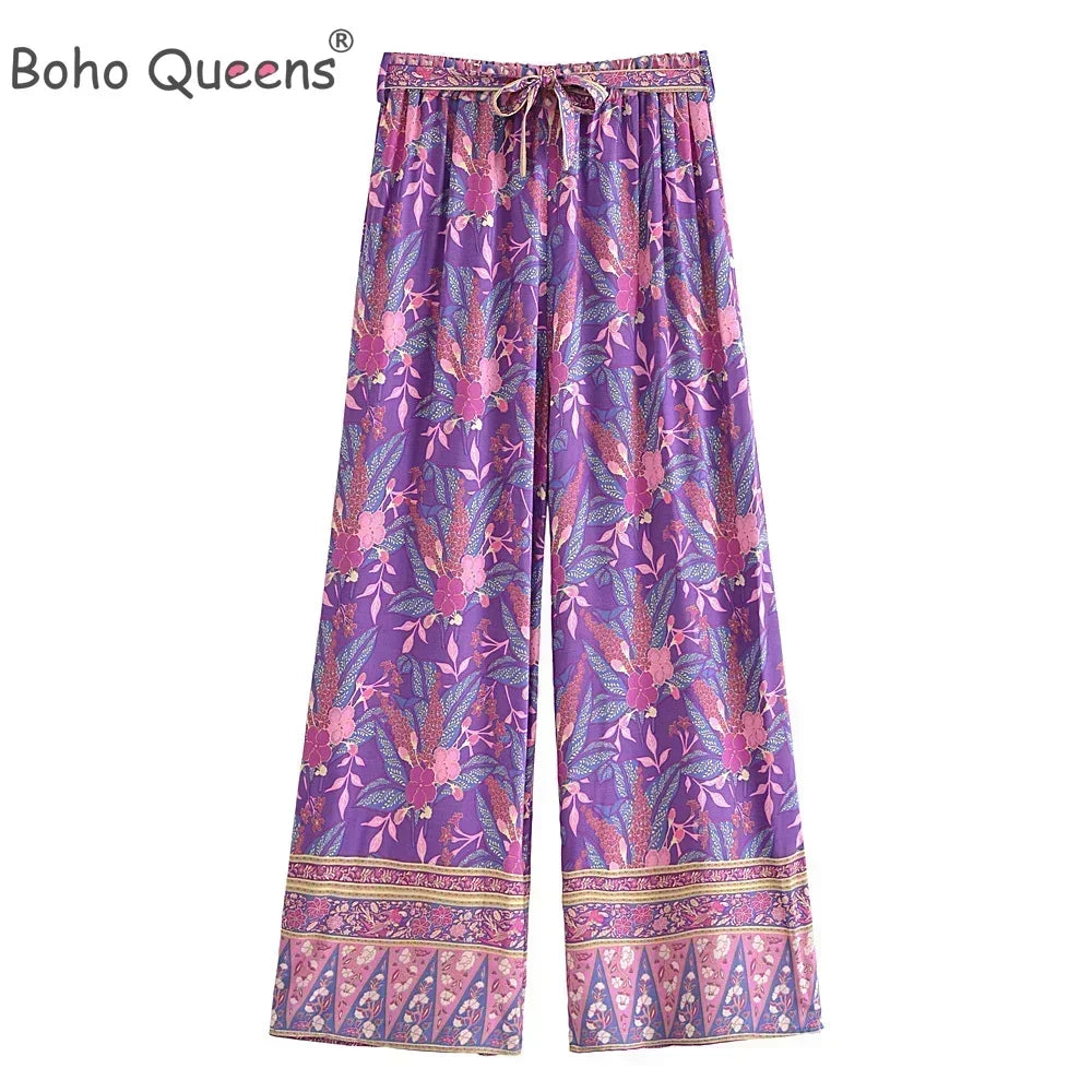 Boho Queens Autumn Women Purple Floral Print Bohemian Wide Leg Pants Lady Gothic Elastic Waist Loose Boho Pant Holiday Trousers
