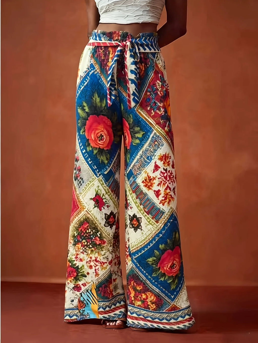 Ethnic Geometric Floral Print Wide-Leg Pants, High Waist & Draping Fabric, Bohemian Vacation Trousers