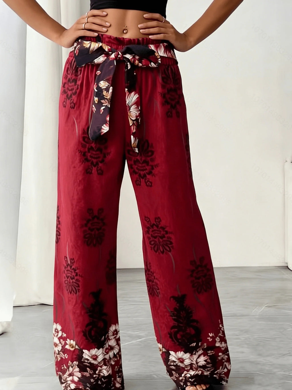 Burgundy Floral Print Wide Leg Pants, Tie Waist, Bohemian Style Vacation Casual Pants