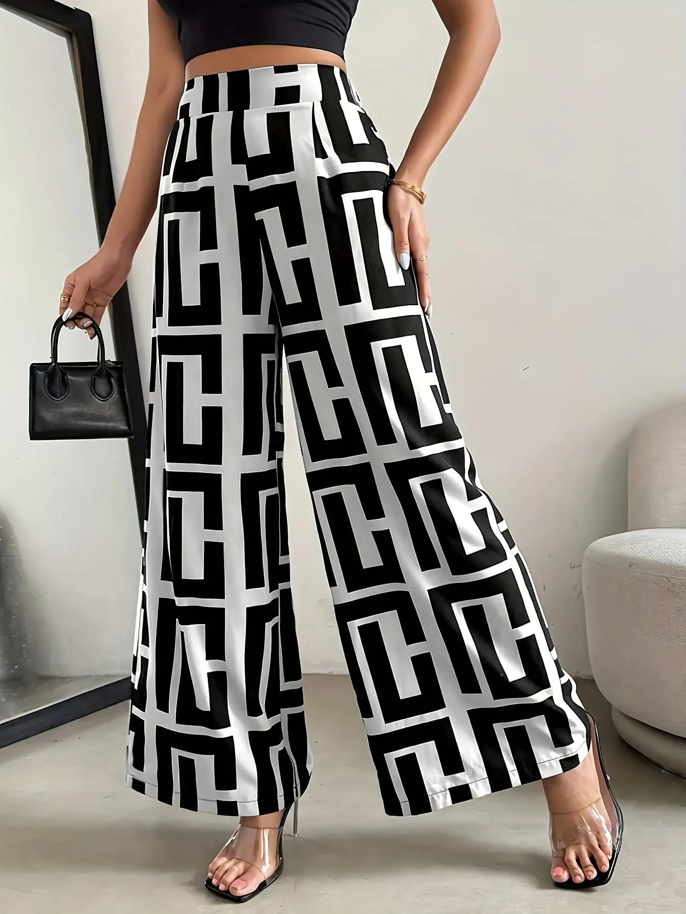 New chic wide leg pants elastic waist dual color geometric pattern printed loose fits wide leg pants