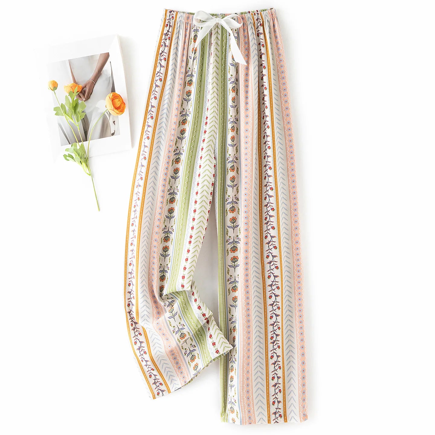 Women Casual Autumn Wide Leg Pants Floral Beach Trousers High Waist Boho Ethnic Style Calf Pants Four Season Girls Home Clothes