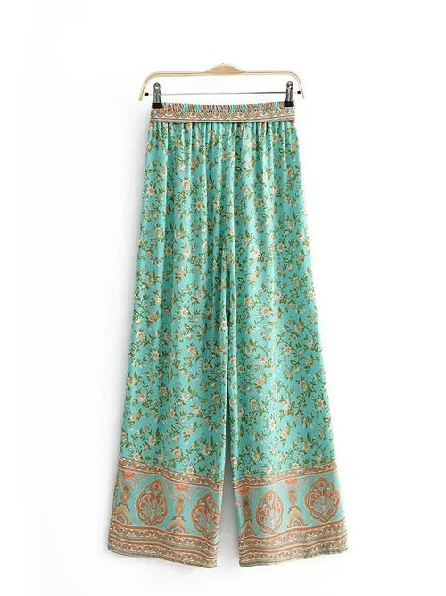Boho Queens Women Green Floral Print Bohemian Wide Leg Pants Lady Elastic Waist Loose Rayon Boho Long Pant Oversize Trousers