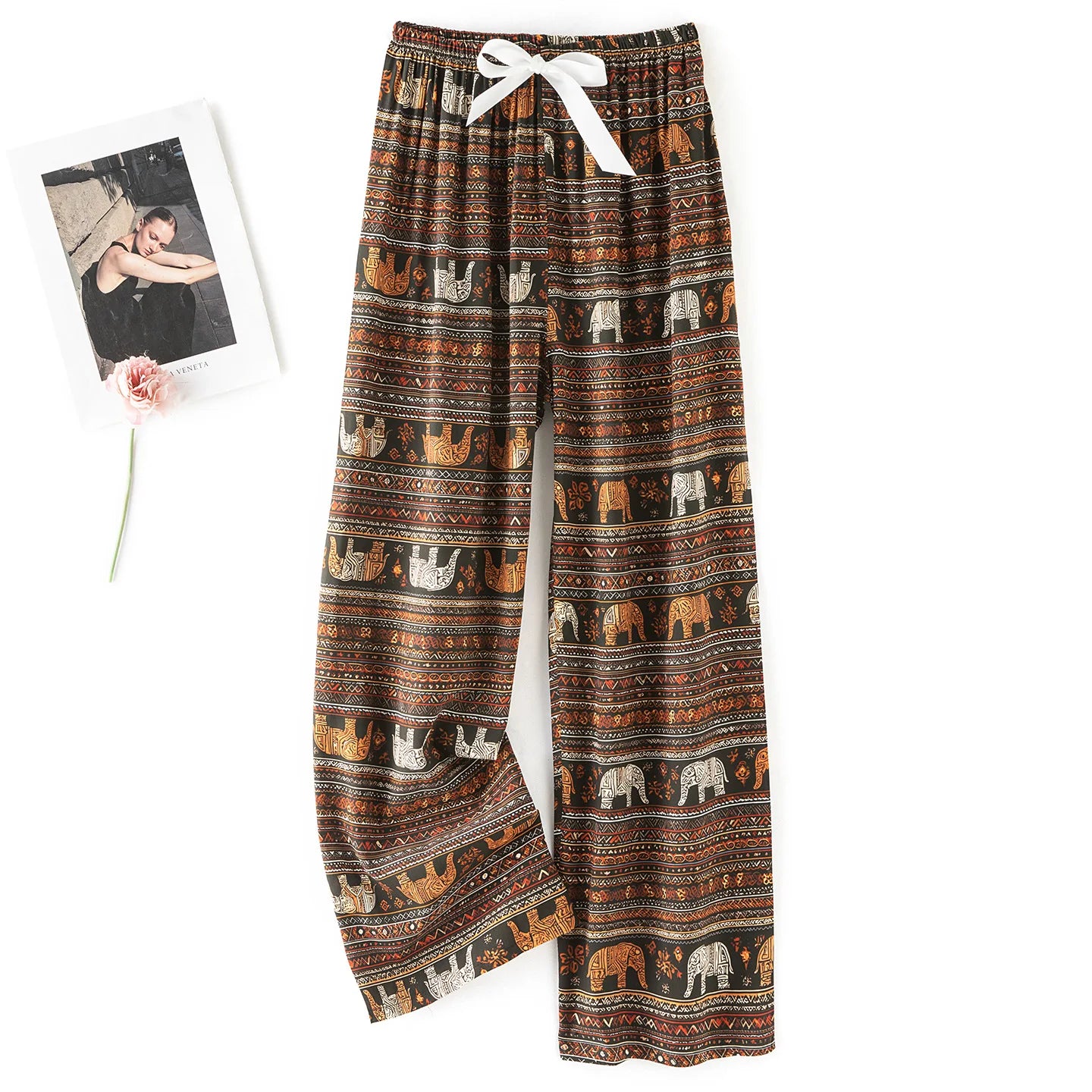 Women Casual Autumn Wide Leg Pants Floral Beach Trousers High Waist Boho Ethnic Style Calf Pants Four Season Girls Home Clothes