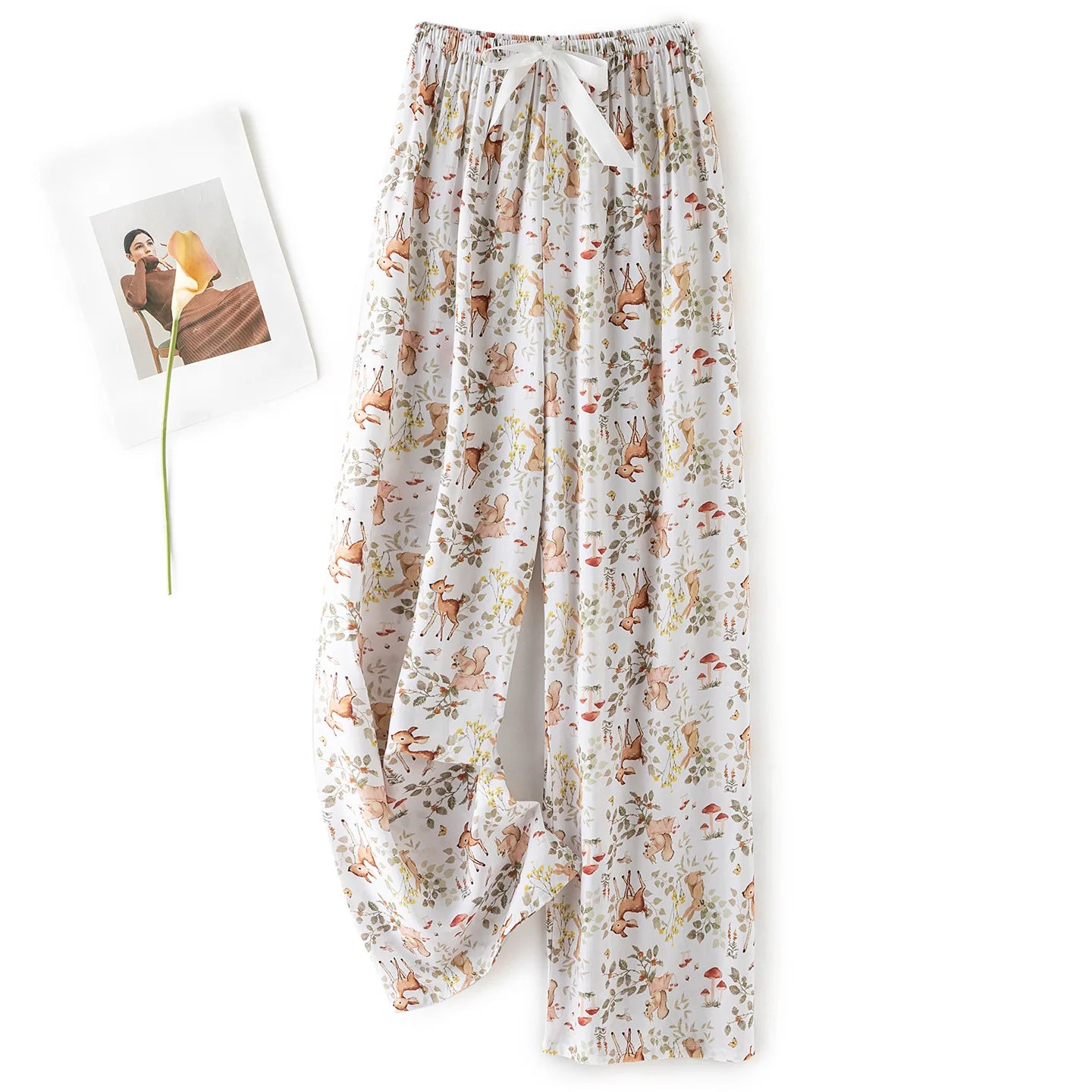 Women Casual Autumn Wide Leg Pants Floral Beach Trousers High Waist Boho Ethnic Style Calf Pants Four Season Girls Home Clothes
