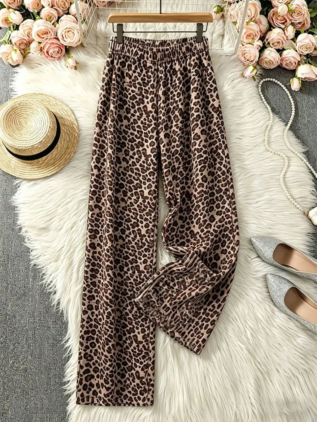 Women Retro Leopard Print Wide Leg Pants Soft Casual Trousers For Home Sleep Travel Beach Vacation Outfit Clothes