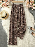 Women Retro Leopard Print Wide Leg Pants Soft Casual Trousers For Home Sleep Travel Beach Vacation Outfit Clothes