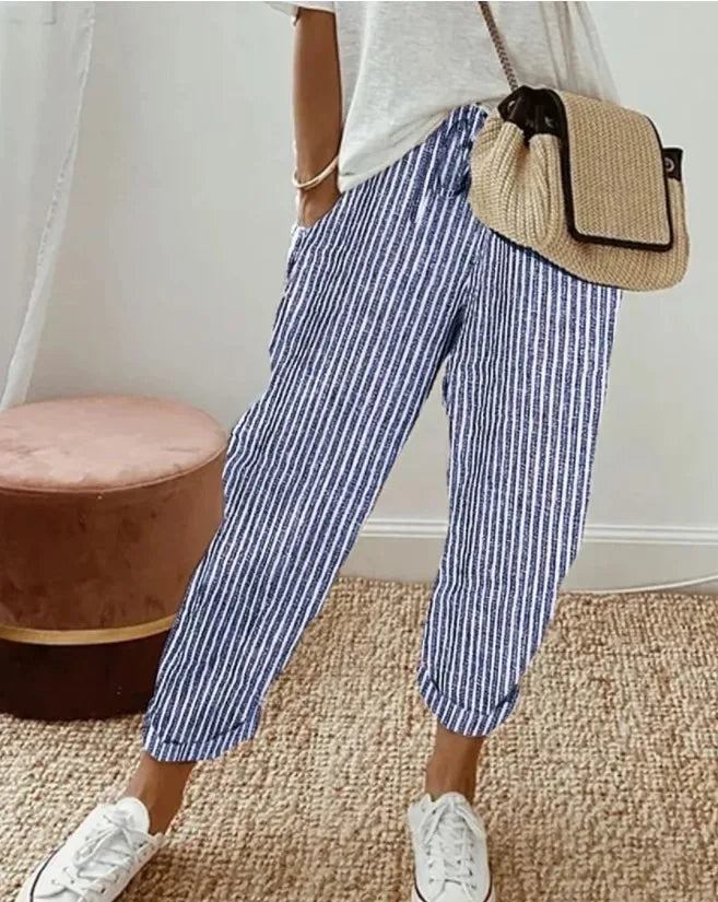 Women's Summer New Fashionable Loose Stripe Printed Elastic Waist Drawstring Casual Pants