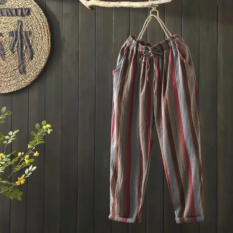 Striped Vintage Elastic High Waist Lace Up Cotton Linen Women's Pants Korean Fashion Wide Leg Ankle-Length Pants For Women 2025