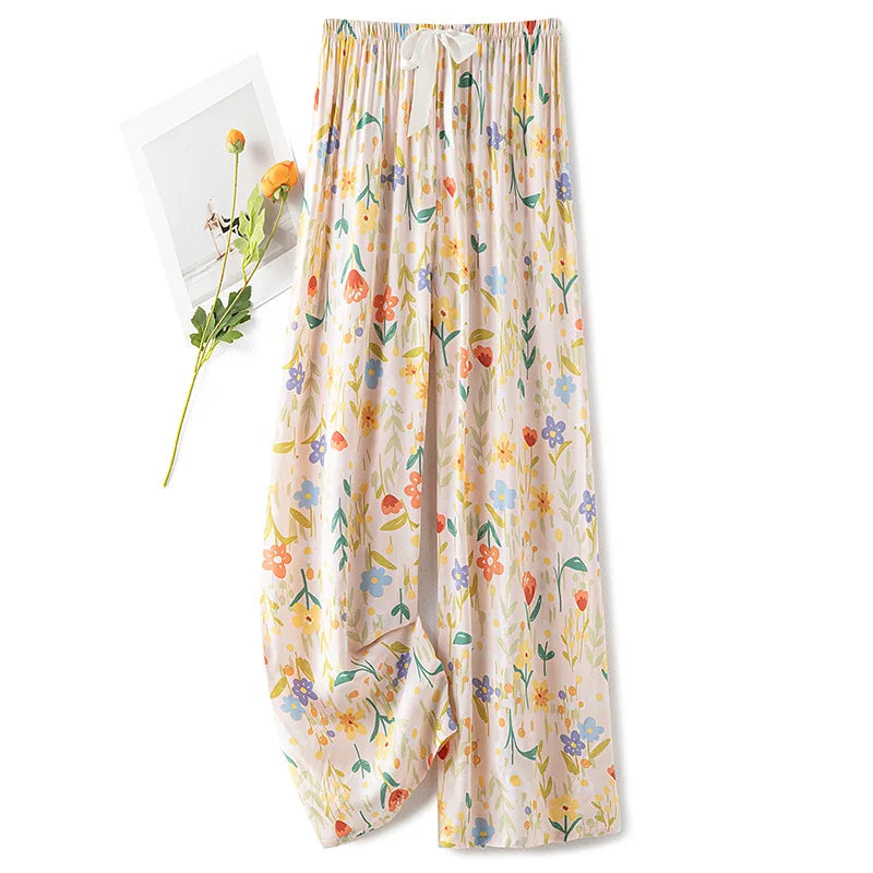 New Ladies Pants Viscose Pajama Sleep Bottoms Thin Loose Large Size Pants Women Pants Home Clothes Loungewear Floral Sleepwear