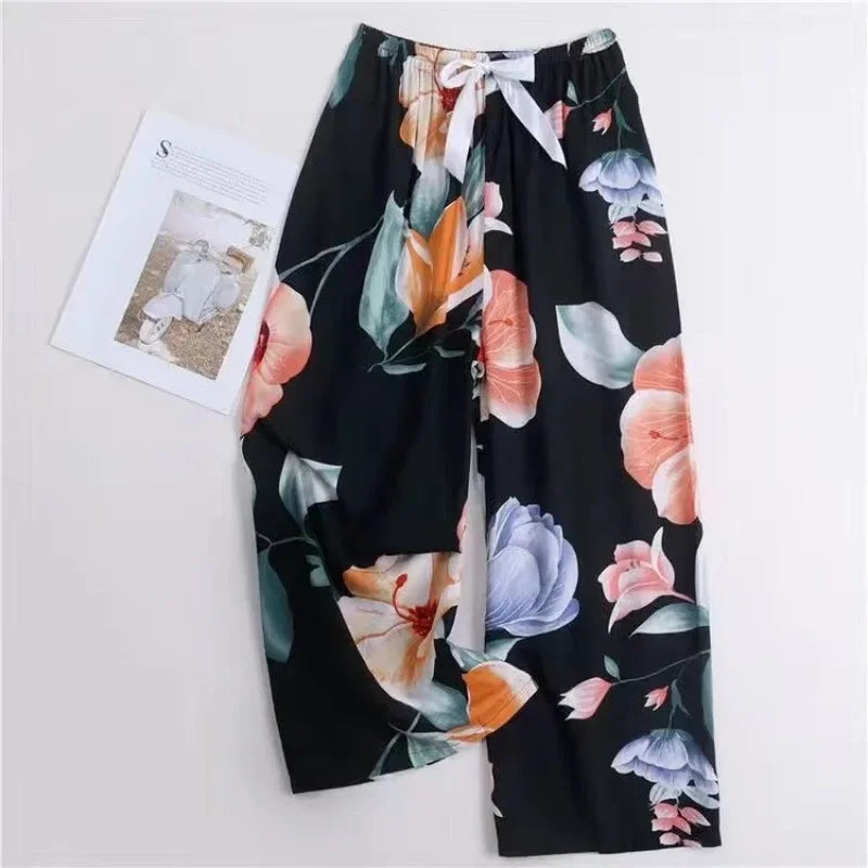Cute Women Loose Pajama Pants Summer Lounge Trousers Floral Print Casual Stretch Waist Drawstring High Waist Pants Home Pants