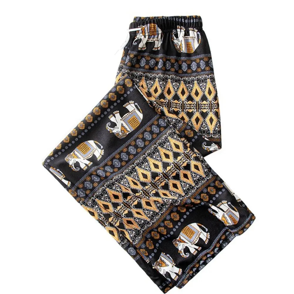 Colorful Thai Elephant Printed Pants Comfy Casual Wide Leg Pants for Women with Strap High Waist Women's Harem Pants Yoga