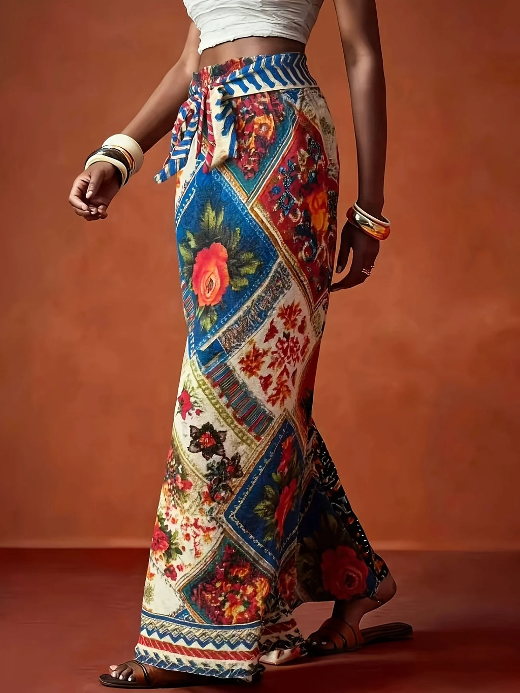 Ethnic Geometric Floral Print Wide-Leg Pants, High Waist & Draping Fabric, Bohemian Vacation Trousers