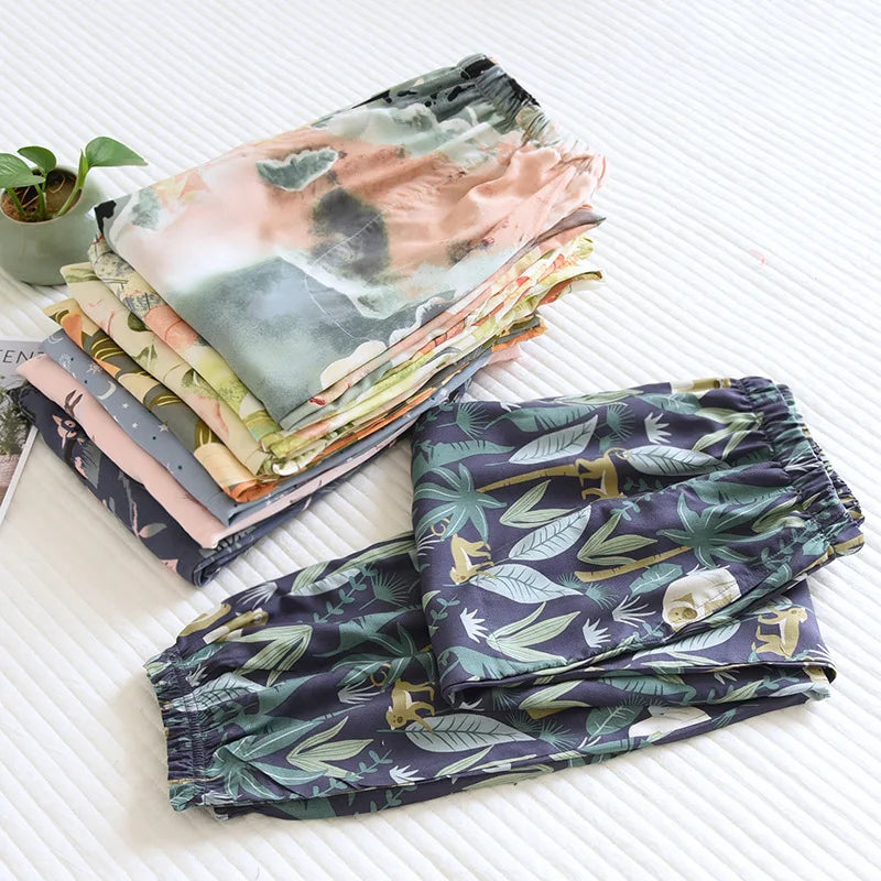 Spring and summer new women's trousers 100% viscose large flowers comfortable pajama pants loose closing home pants plus size