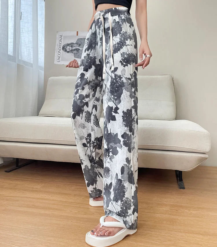 Summer 2026 Women's Ice Silk Wide Leg Pants Narrow Straight Casual Cool Pants Sunscreen Mosquito Proof High Waist Long Trousers