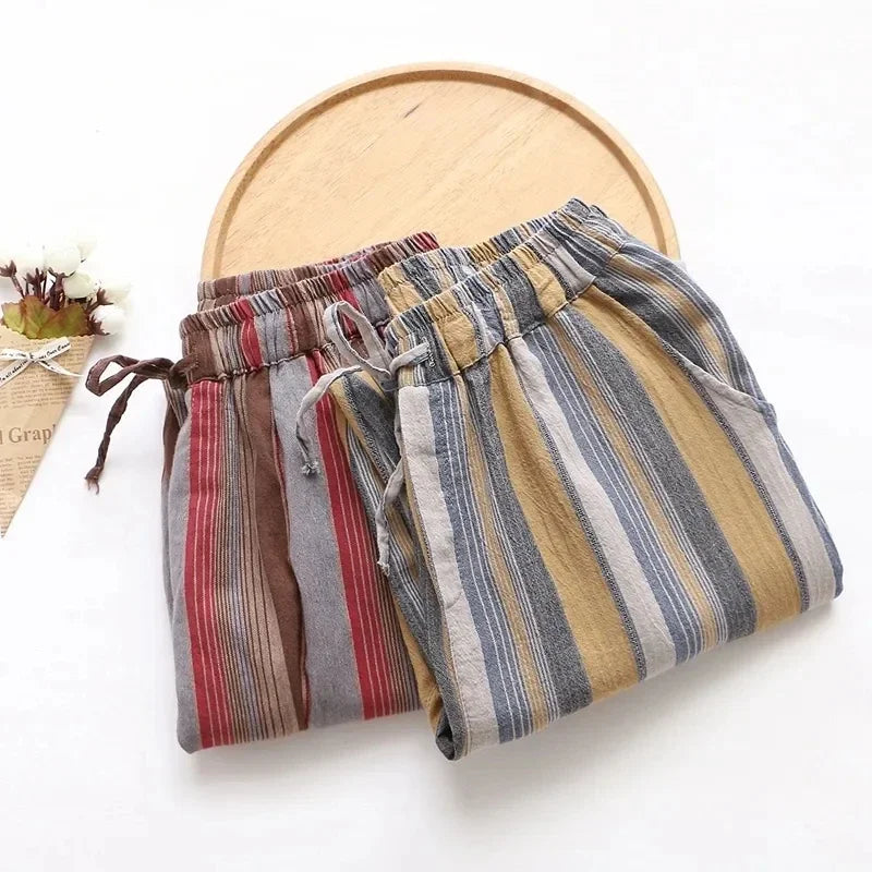 Striped Vintage Elastic High Waist Lace Up Cotton Linen Women's Pants Korean Fashion Wide Leg Ankle-Length Pants For Women 2025