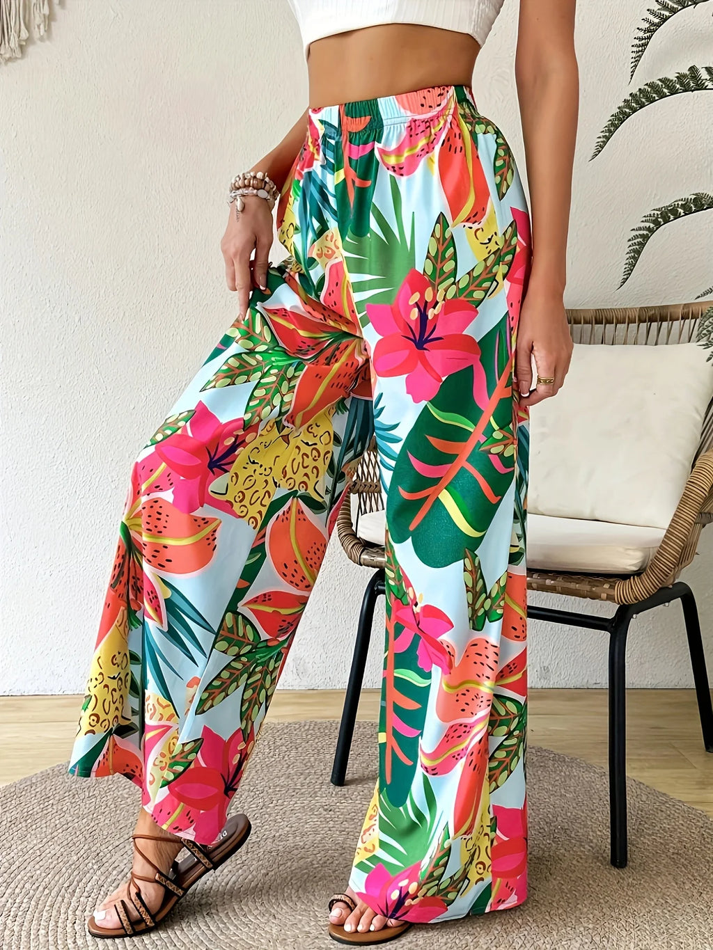2026 women's vacation casual comfortable loose pants floral tropical elastic waist wide leg pants
