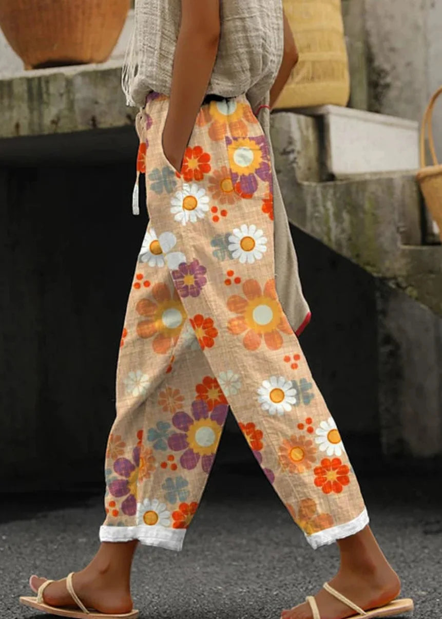 Fashion Floral Print Pants Lady Casual Pockets Mid Waist Straight Ankle-Length Pants For Women Holiday Y2k Womens Clothing New