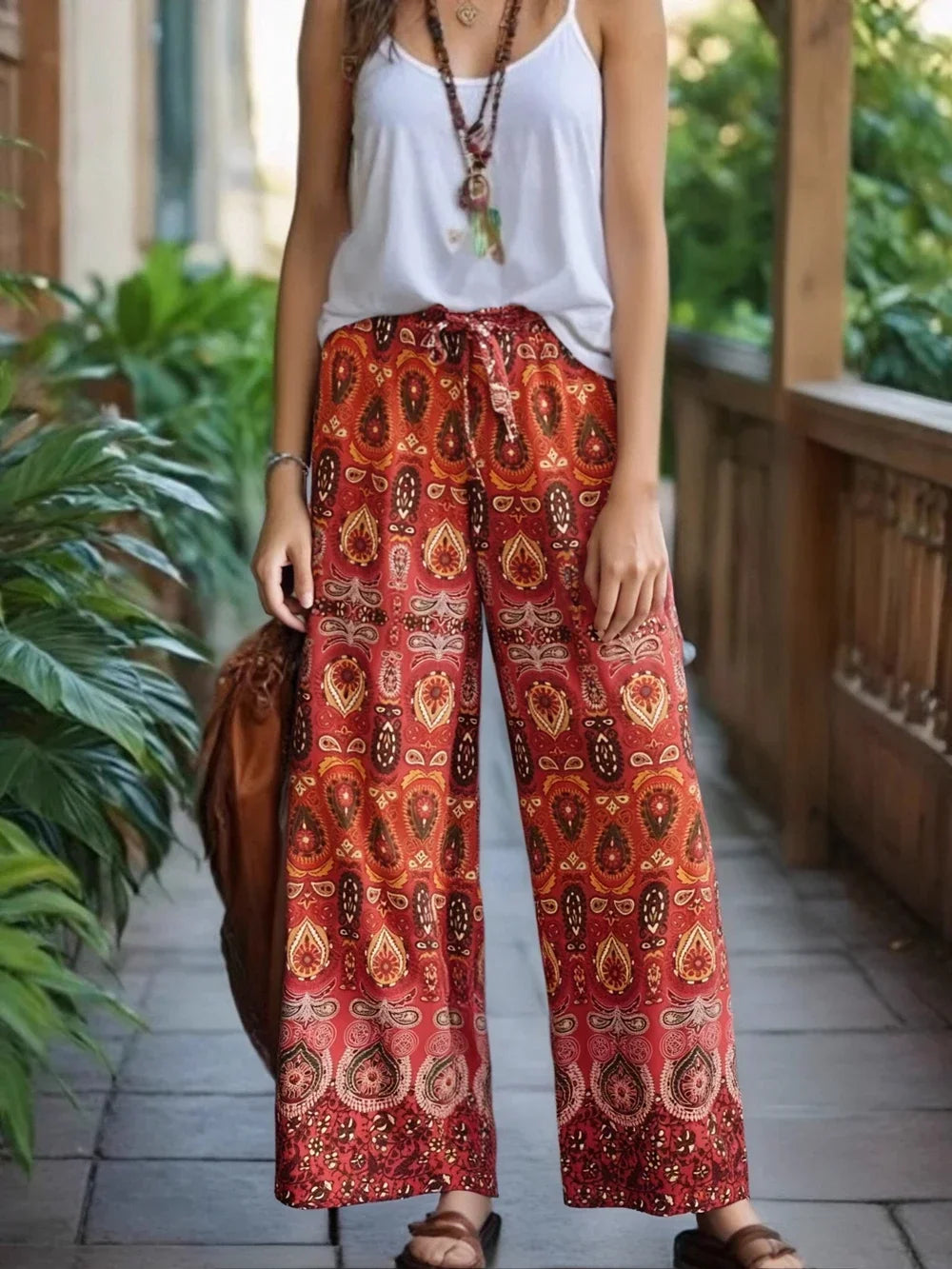 Boho Queens Women Red Floral Print Bohemian Wide Leg Pant Lady Gothic Elastic Waist Loose Rayon Long Boho Pants Casual Trousers