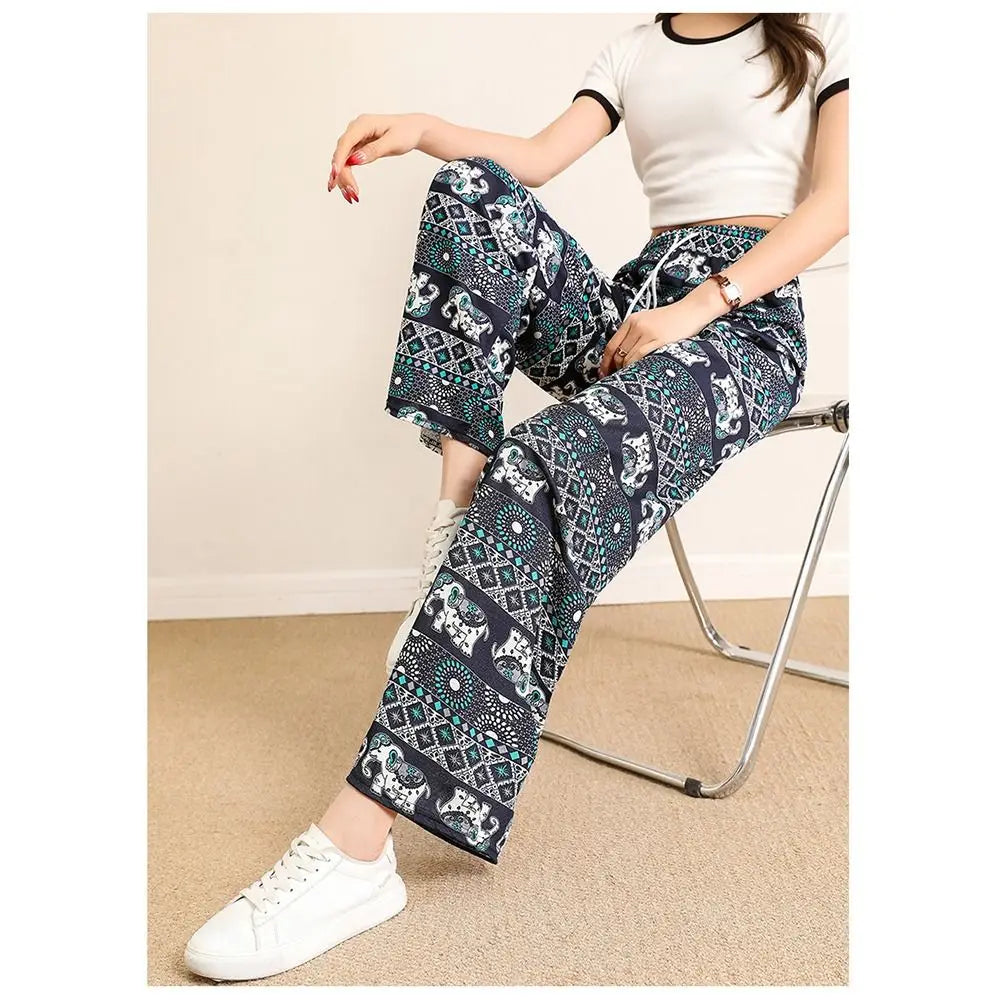 Colorful Thai Elephant Printed Pants Comfy Casual Wide Leg Pants for Women with Strap High Waist Women's Harem Pants Yoga