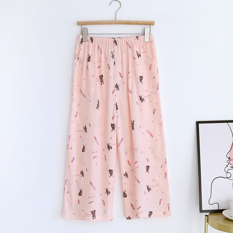 Summer new women's 100% viscose pajama pants cropped pants thin loose wide leg pants home pants pajama plus size cute shorts