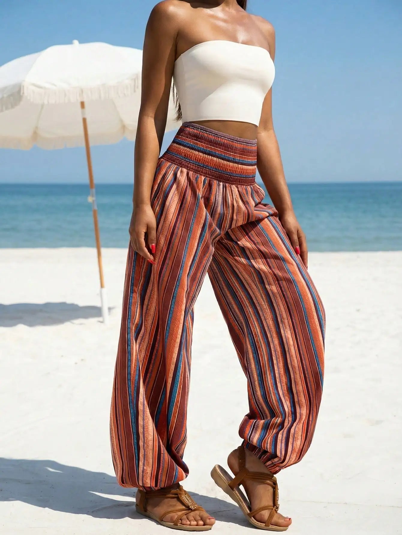 Women's Black Striped Smocked High Waist Beach Casual Wide Leg Tapered Ankle Dress Capris
